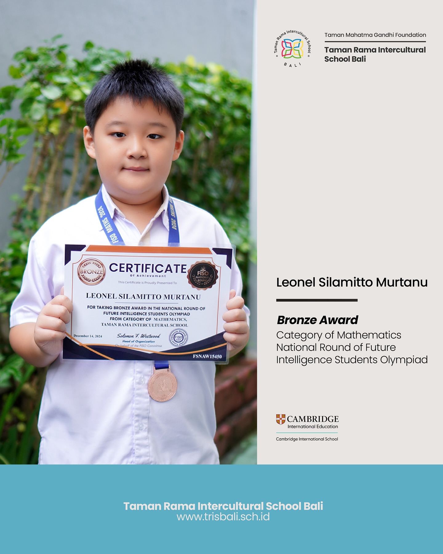Bronze Award in the Mathematics Category at the National Round of the Future Intelligence Students Olympiad
